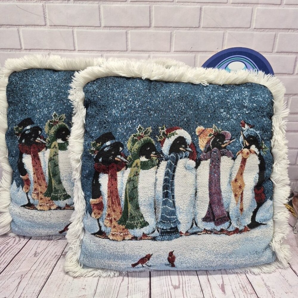 Mohawk Home Tapestry Christmas Throw Pillow Penguins Winter Decor 18X18 USA, 2pc